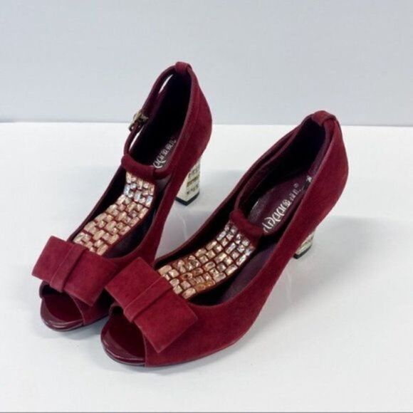 Margaret Pumps Wine Colr Bow Peep Toe Suede Look Holiday Wear to Work Chunky - Picture 1 of 8